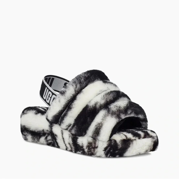 UGG Fluff Yeah Slide Marble Slipper Sandal in Black and White cozy - Picture 2 of 10